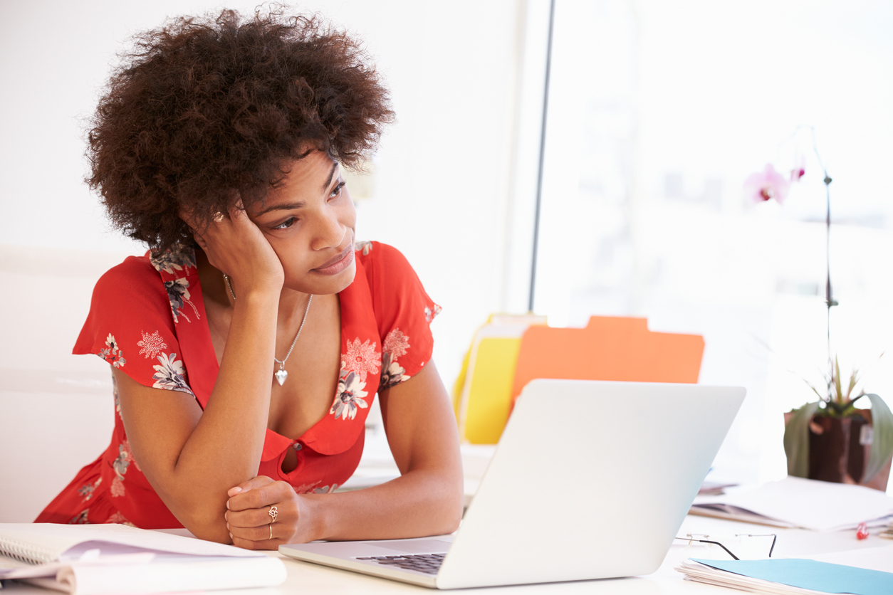 Built By She - Hey Chicken Little, The Sky Isn't Falling - Frustrated Woman Working At Desk In Design Studio